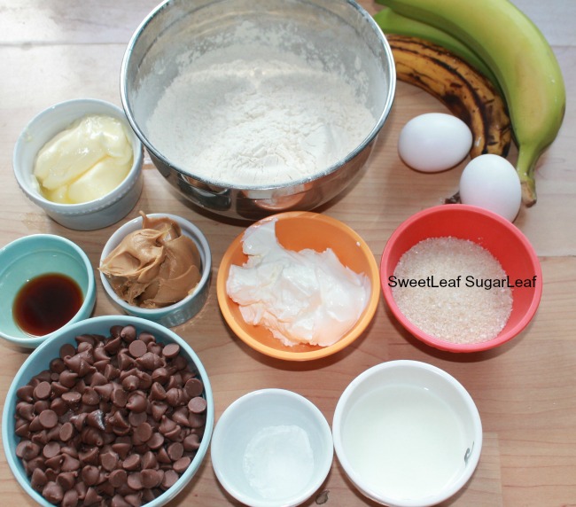 ingredients for chocolate chip peanut butter banana bread